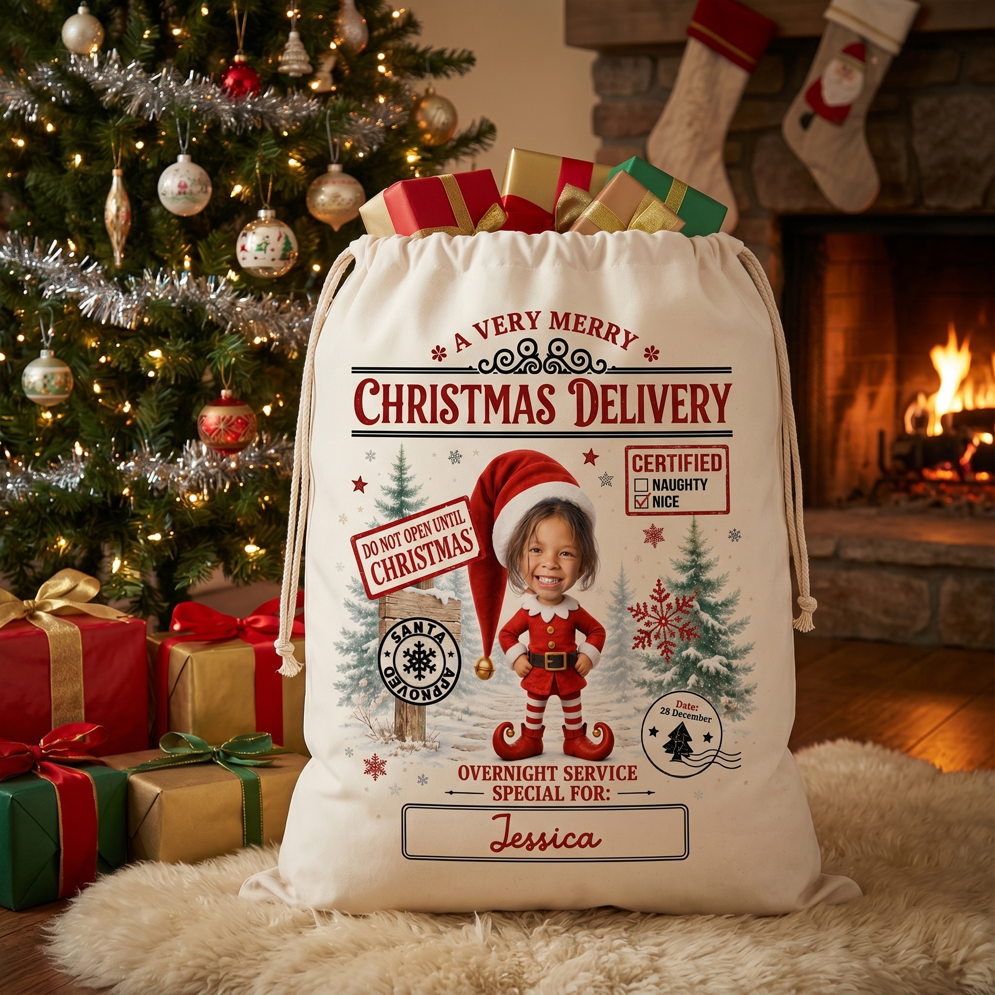 Photo Elf Santa sack in hard-wearing fabric, made for Christmas morning - The Custom Co