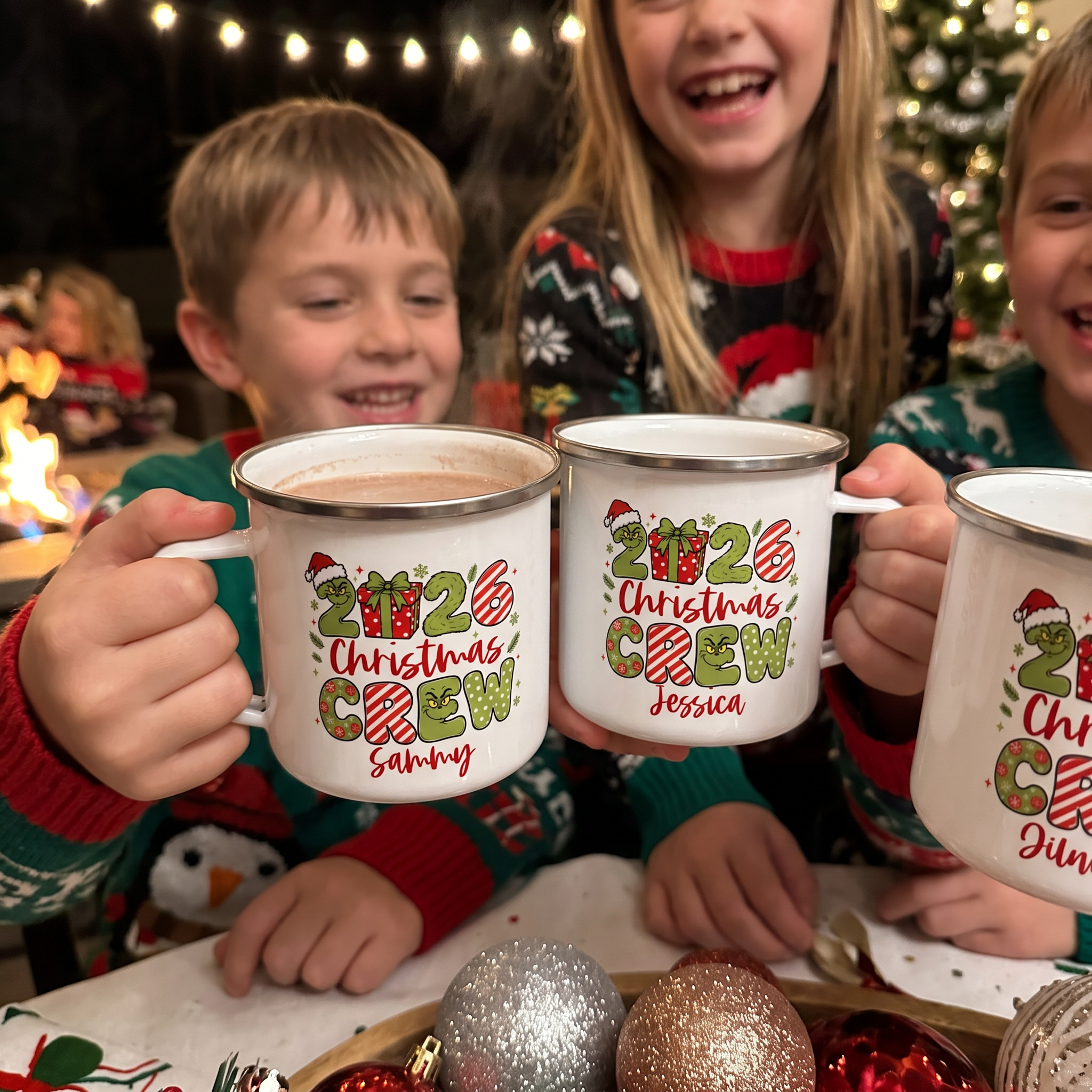 Family in Christmas pyjamas clinking personalised Christmas Crew enamel mugs by the fire - The Custom Co