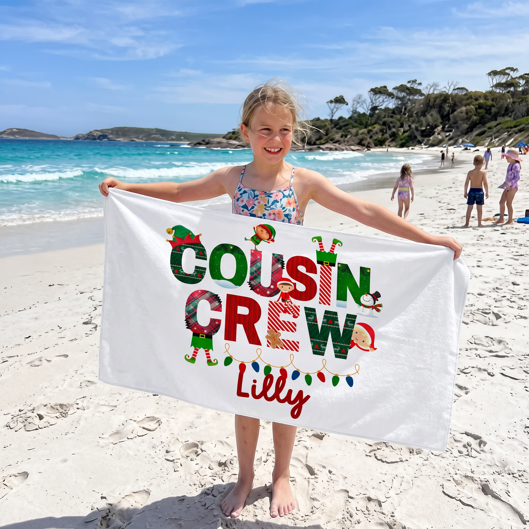 Christmas Cousin Crew beach towel personalized with each name, Christmas gift