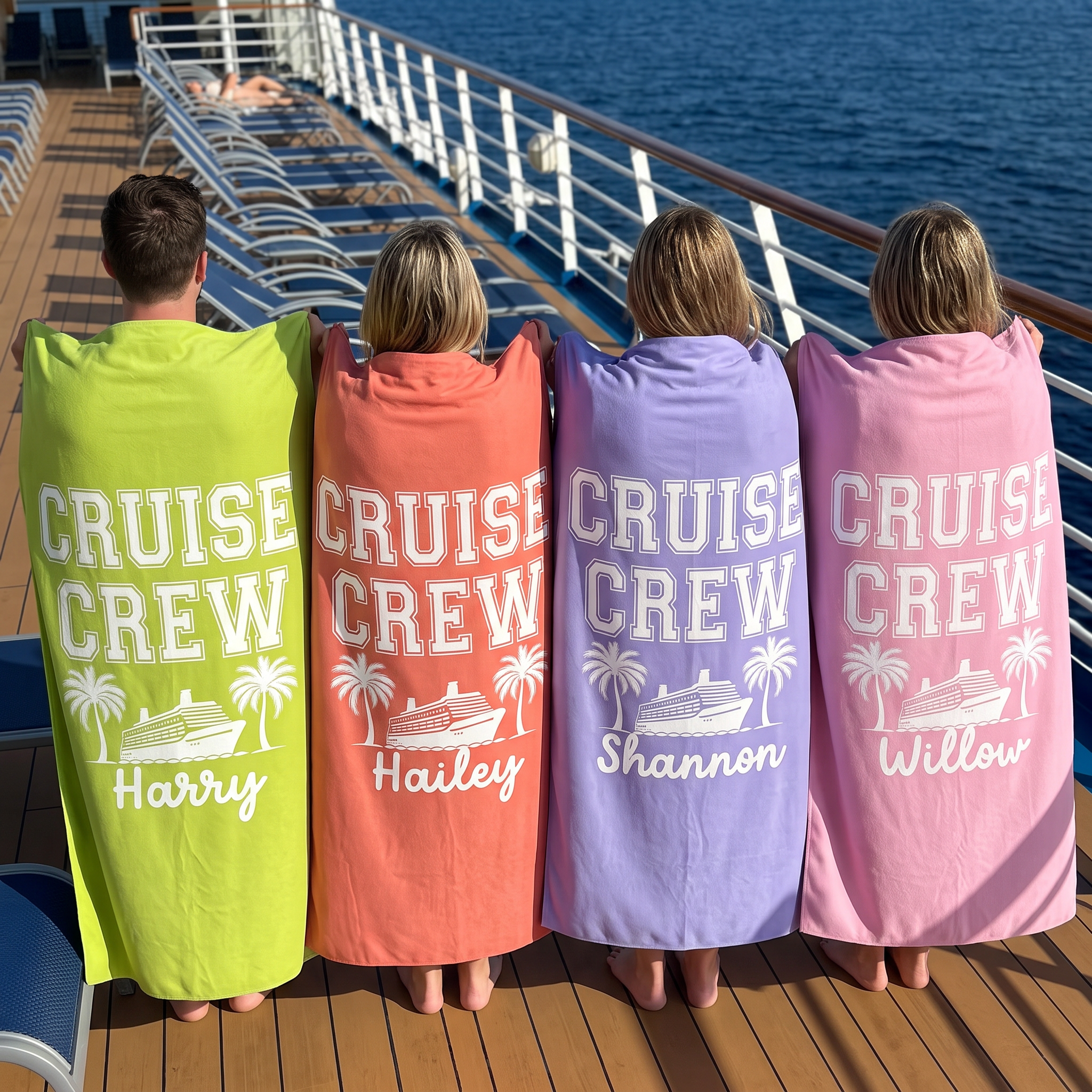 Name-printed Cruise Crew Summer beach towel design detail
