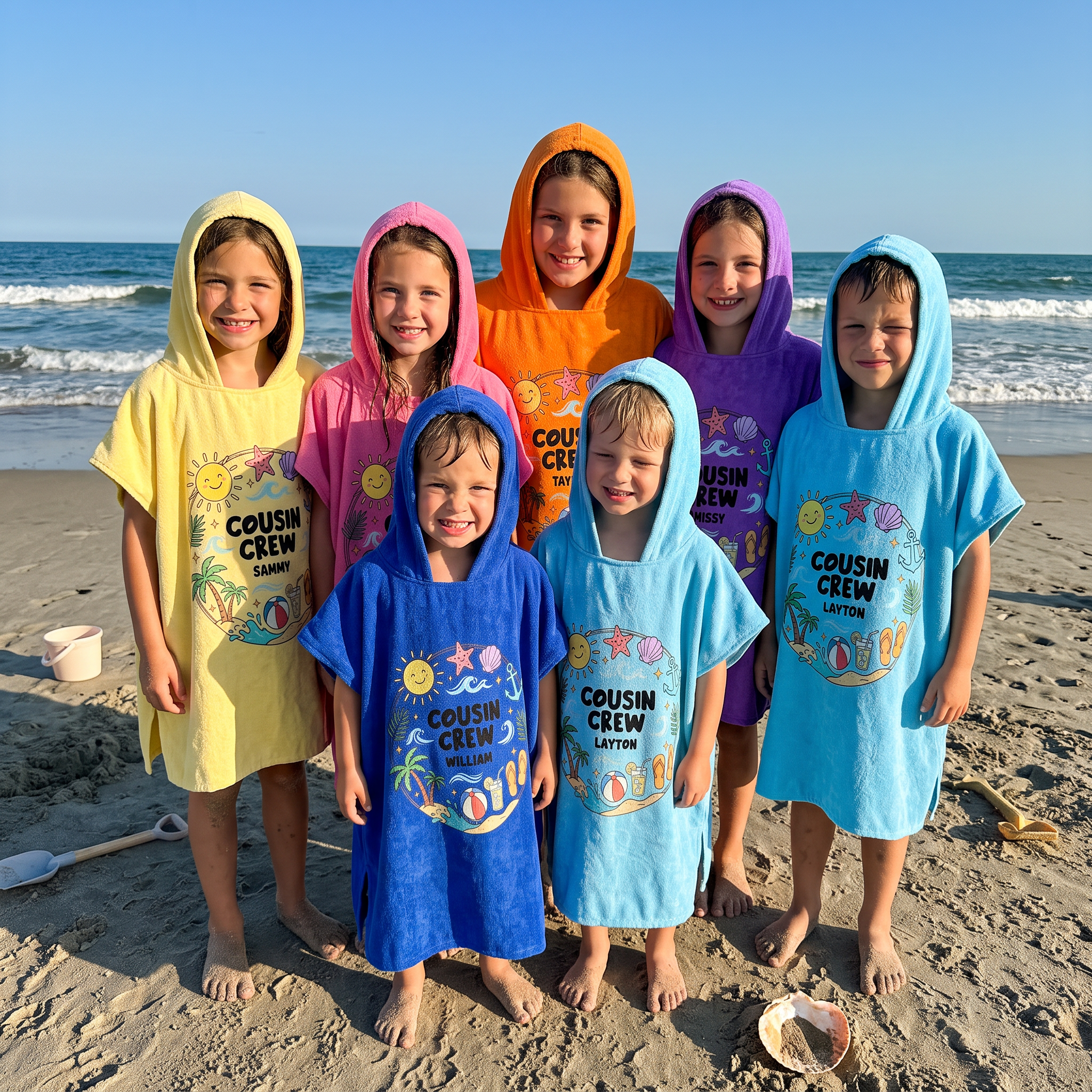 Salty & Sandy Cousin Crew hooded towel in soft absorbent towelling, made for beach and pool days - The Custom Co