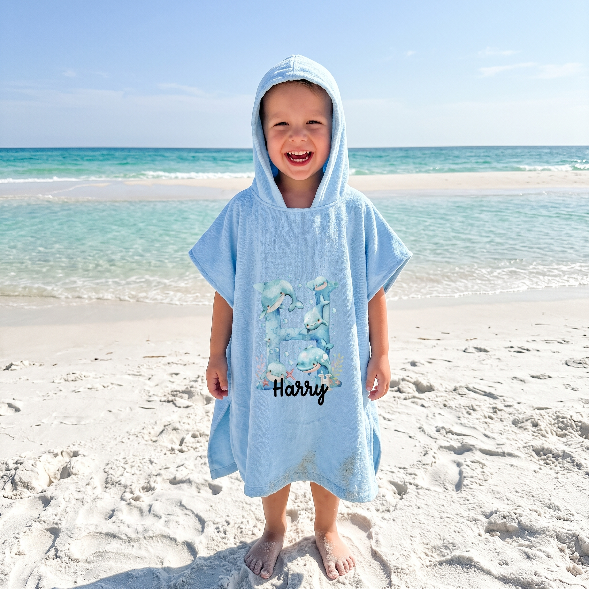 Whale initial hooded towel for kids, personalised beach towel – The Custom Co