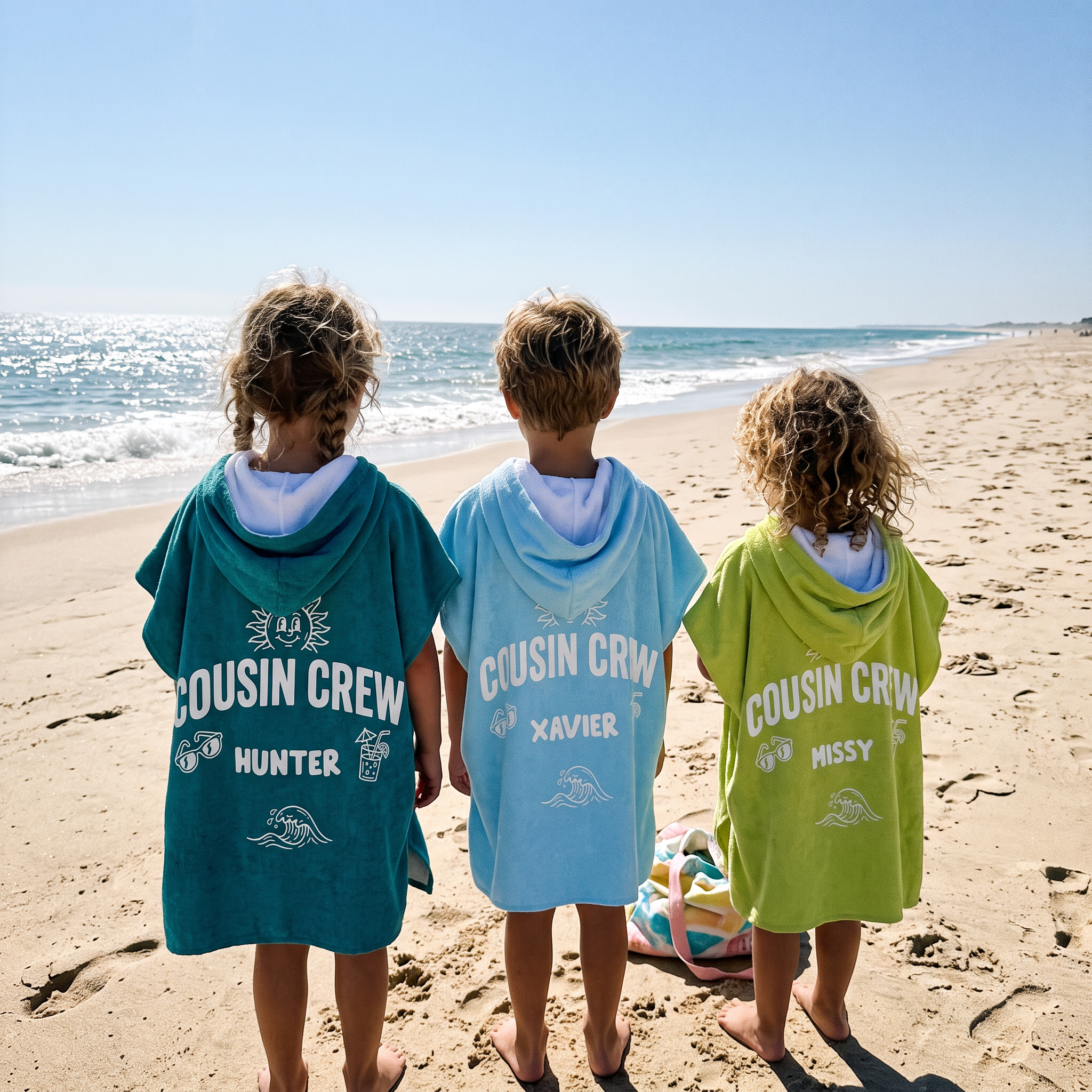 Sun & Surf Cousin Crew hooded towel personalised with each name, birthday gift