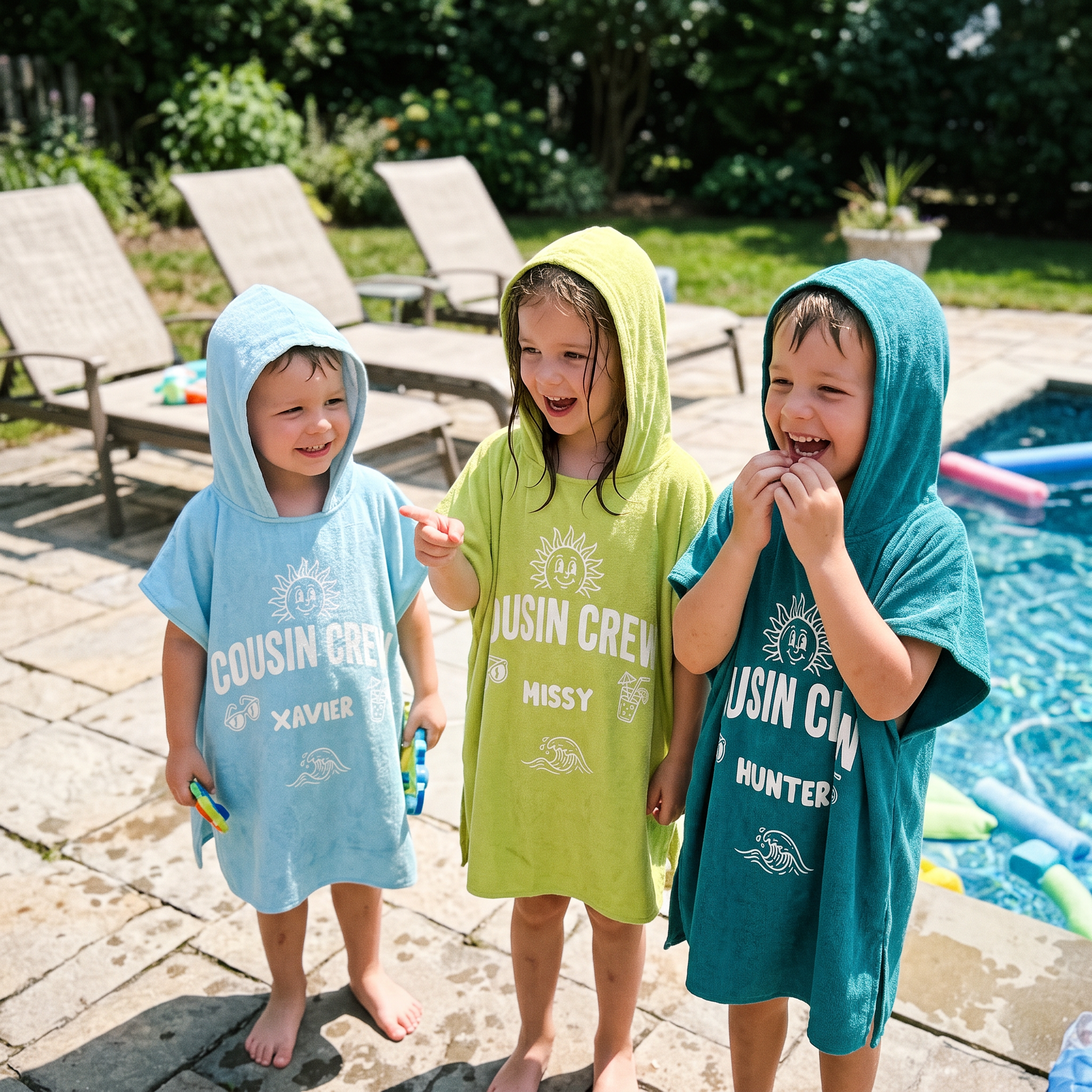 Sun & Surf Cousin Crew hooded towel in soft absorbent towelling, made for beach days and swim lessons - The Custom Co