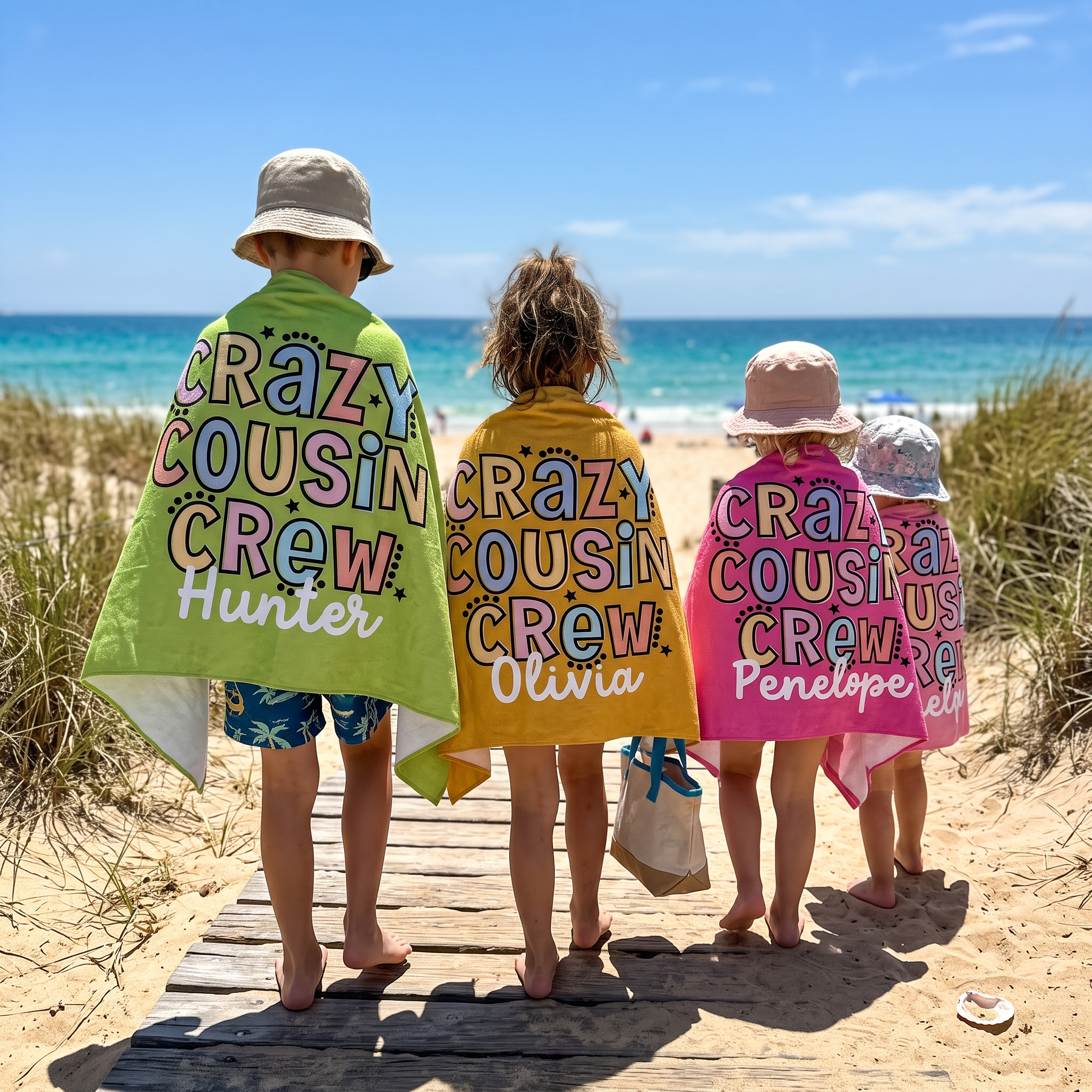 Crazy Cousin Crew beach towel personalised with each name, Christmas gift