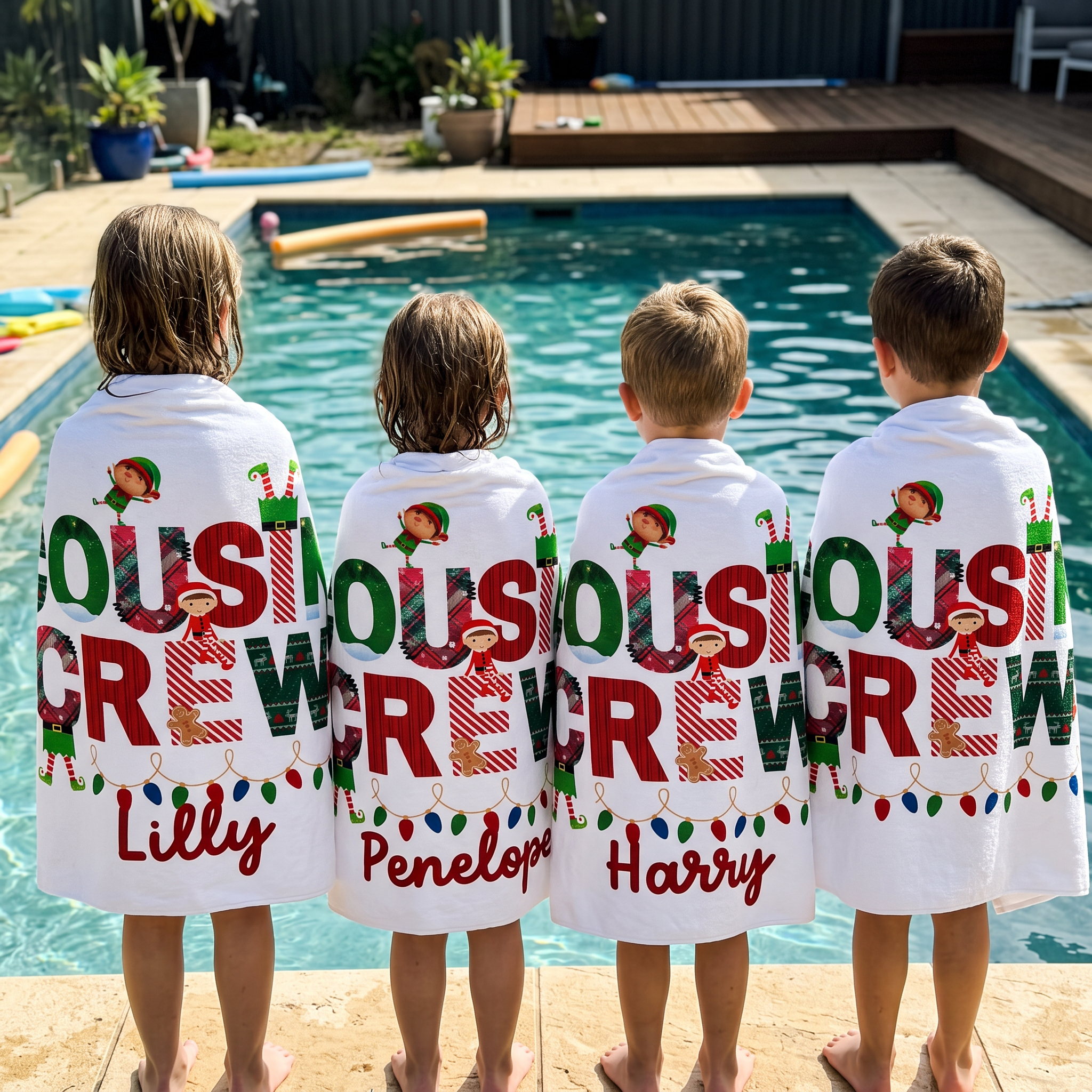 Christmas Cousin Crew beach towel in quick-dry sand-free microfiber, made for summer Christmas beach days - The Custom Co