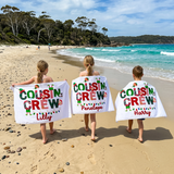 Personalized Christmas Cousin Crew beach towel name print detail