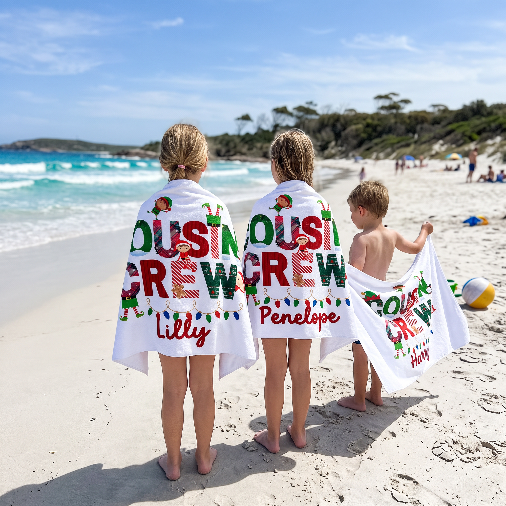 Christmas Cousin Crew personalized beach towel with custom names - The Custom Co