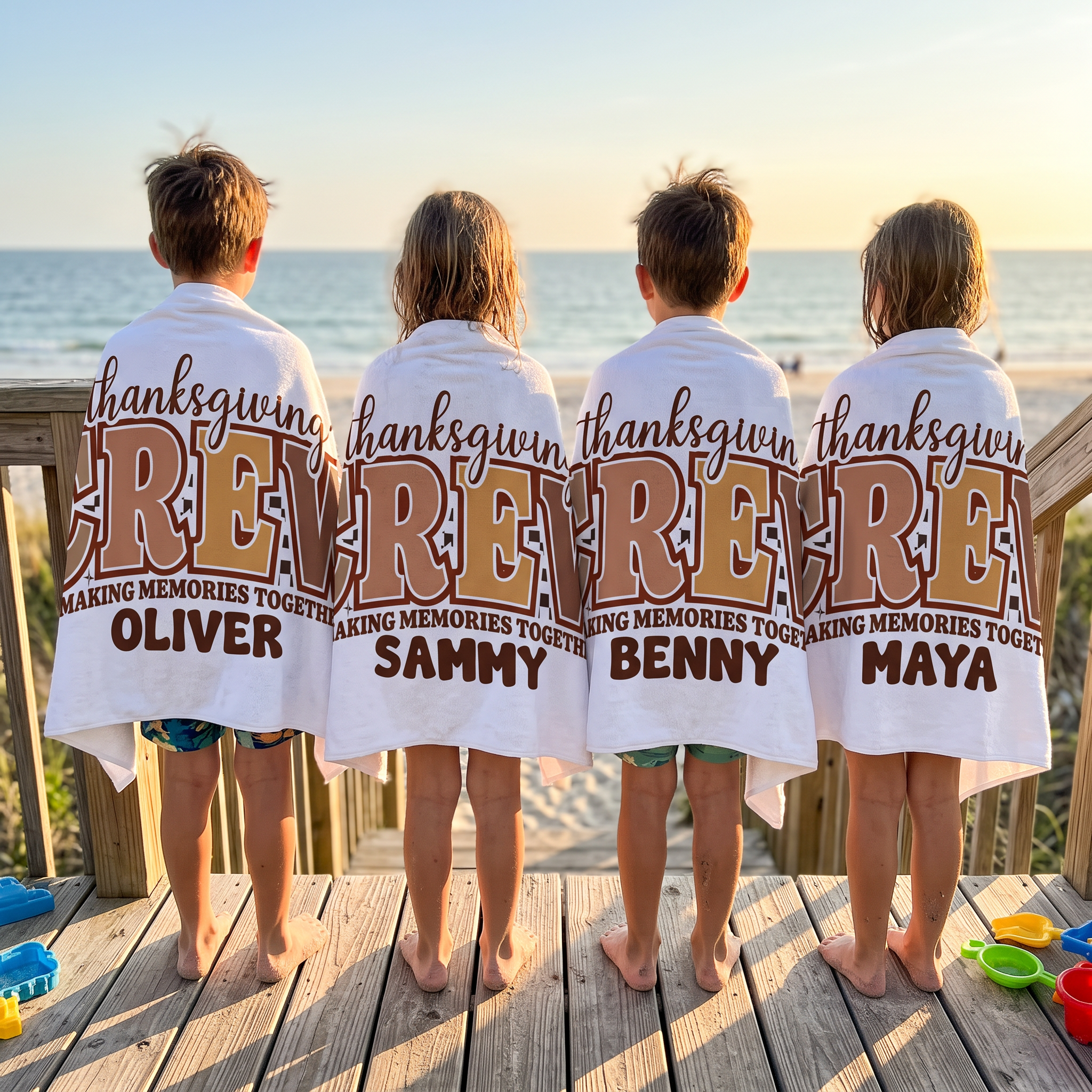 Thanksgiving Crew Retro Check personalised beach towel with custom names - The Custom Co