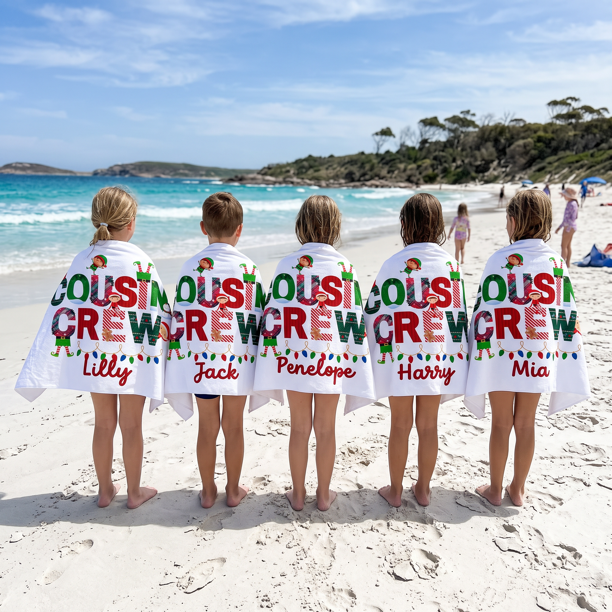Matching Christmas Cousin Crew beach towel for the cousins - The Custom Co