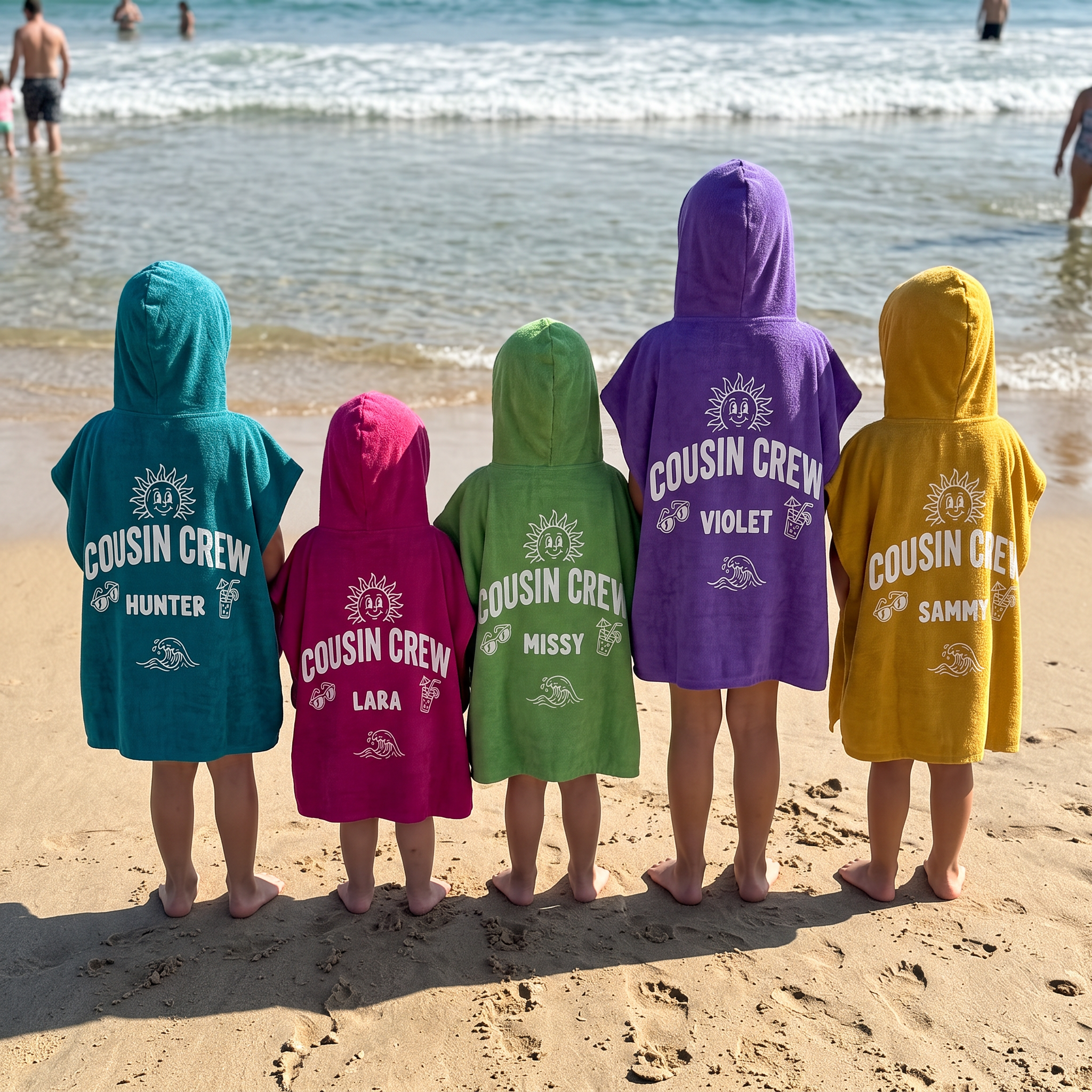 Sun & Surf Cousin Crew personalised hooded towel with custom names - The Custom Co