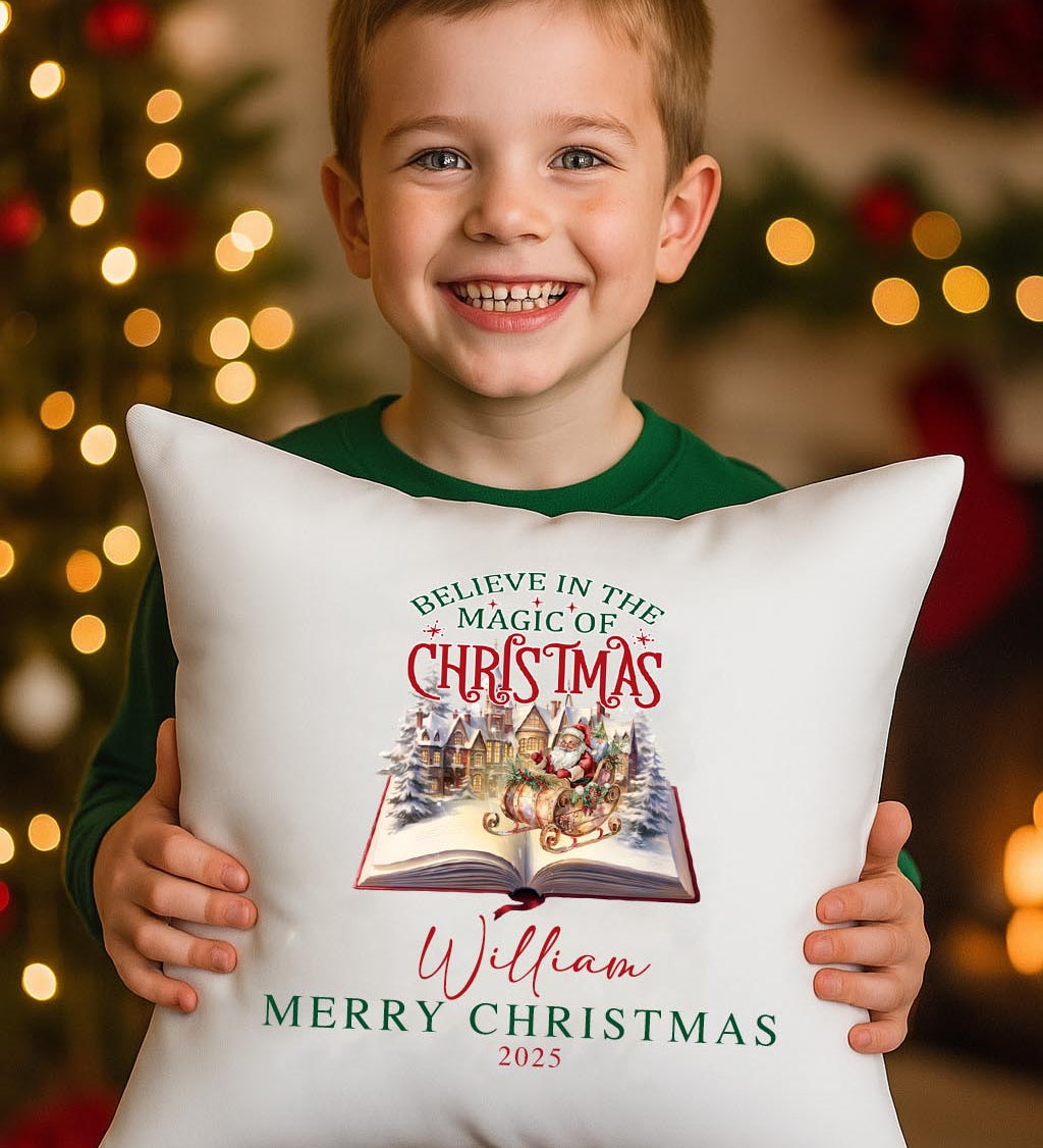 kids cushion Believe in Magic with child’s name, holiday décor