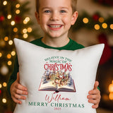 kids cushion Believe in Magic with child’s name, holiday décor