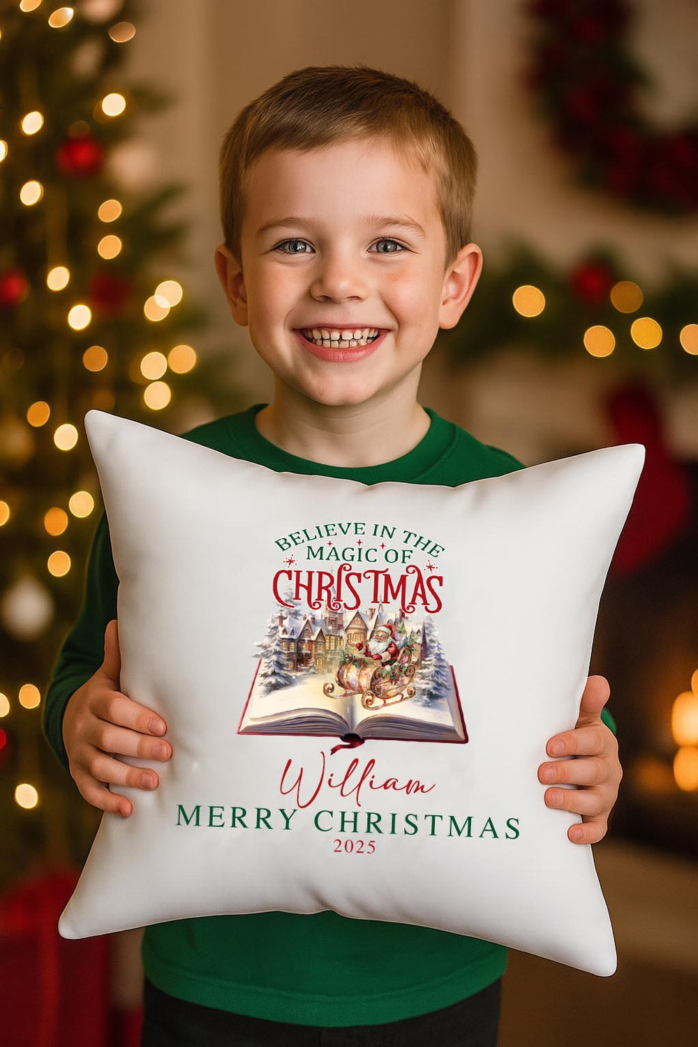 kids cushion Believe in Magic with child’s name, holiday décor
