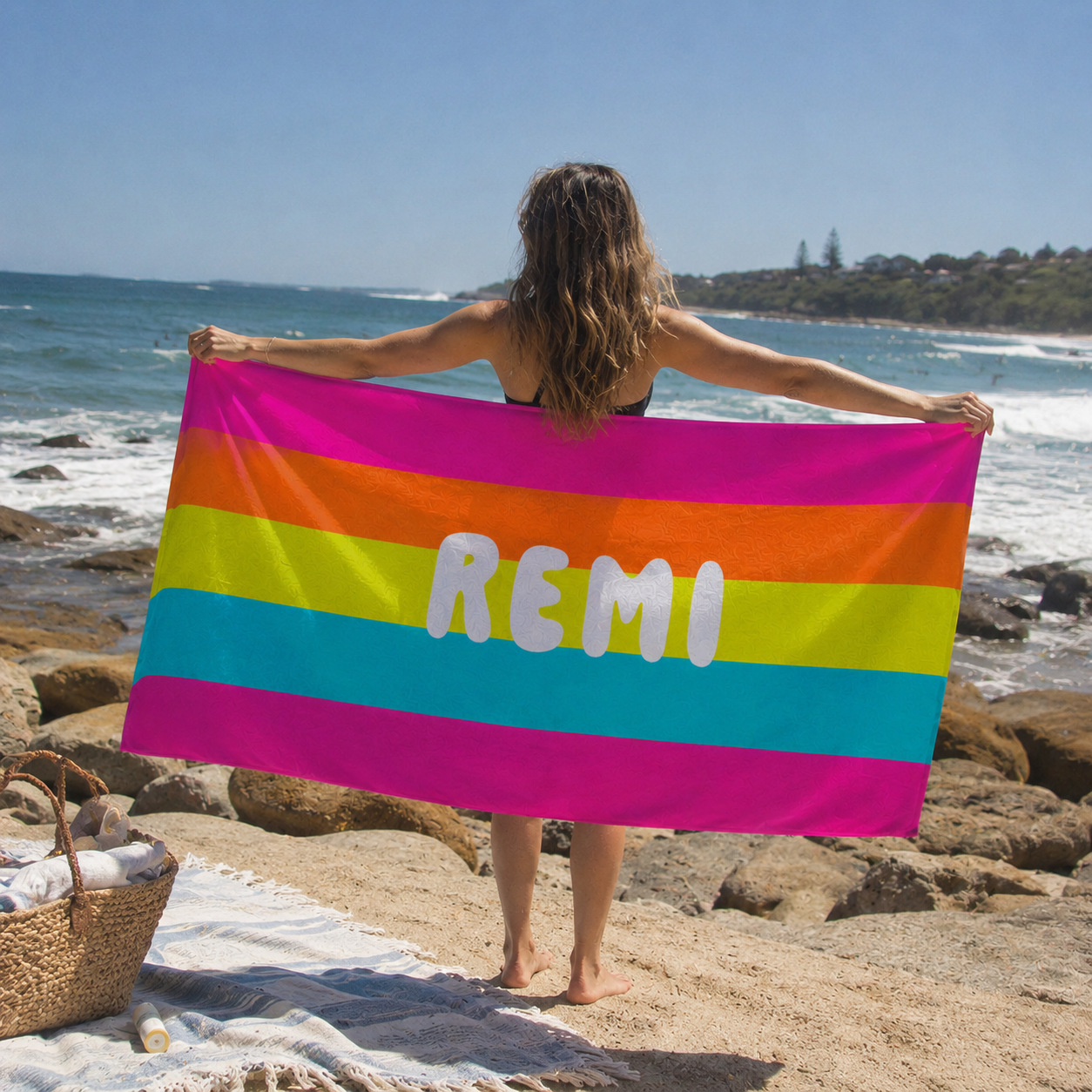 Retro Stripe beach towel in quick-dry sand-free microfibre, made for beach and pool days - The Custom Co