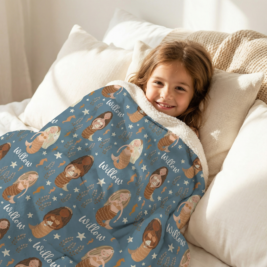 Personalised kids luxe sherpa blanket with plush velvet front and soft sherpa fleece backing