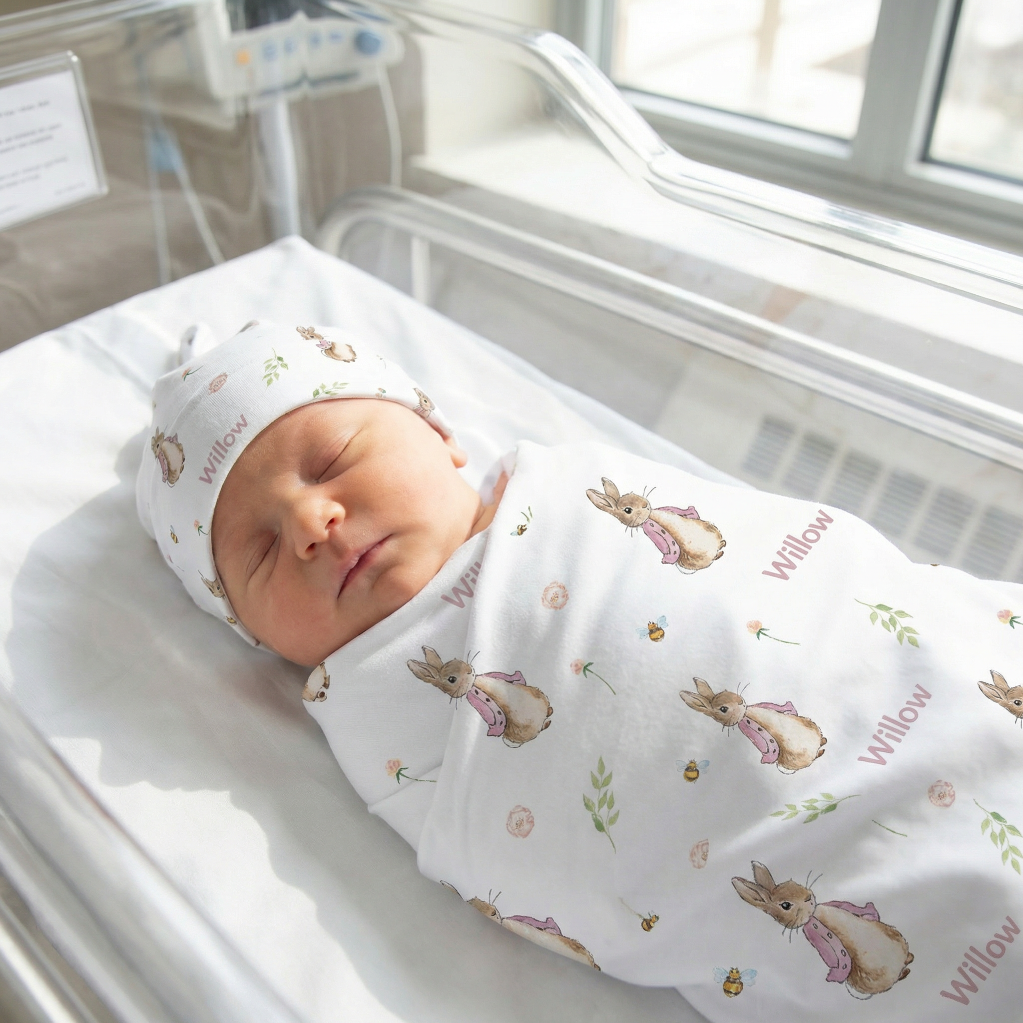 Personalised swaddle and beanie set made from soft stretch poly fabric for newborn comfort and style