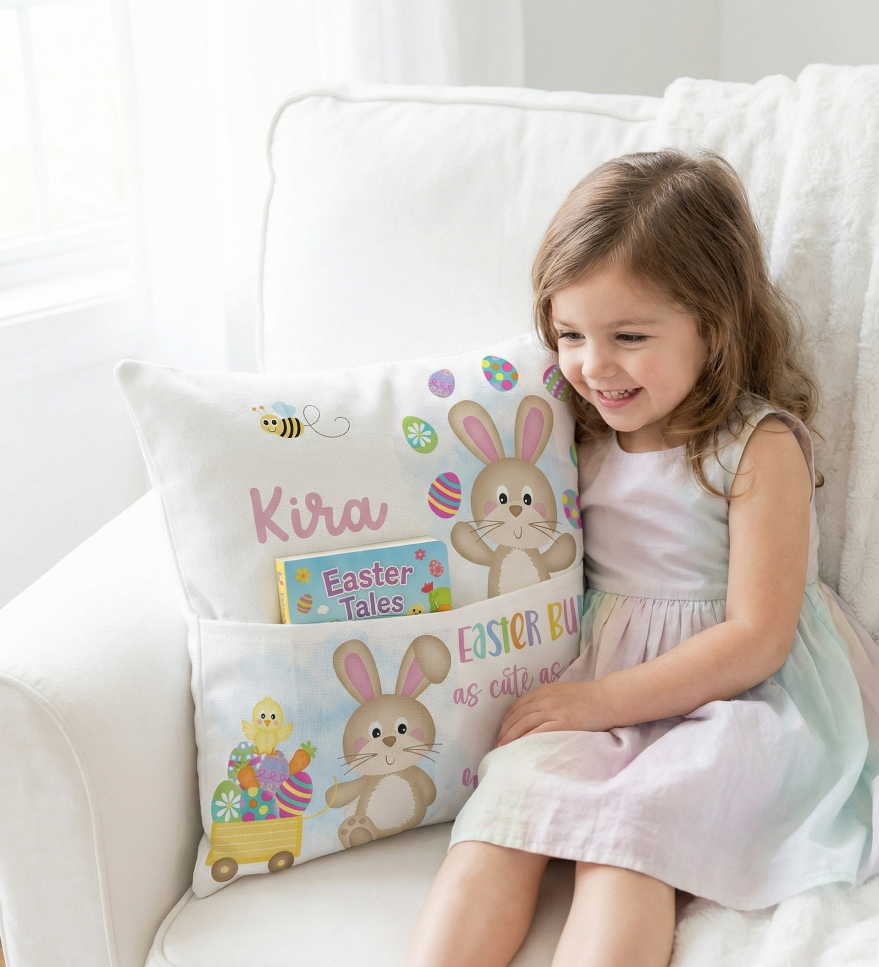 Personalised pink Easter pocket book cushion with bunny design and built-in book pocket