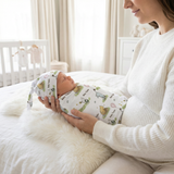 Personalised baby swaddle and beanie set in soft stretch poly fabric for cozy comfort and style