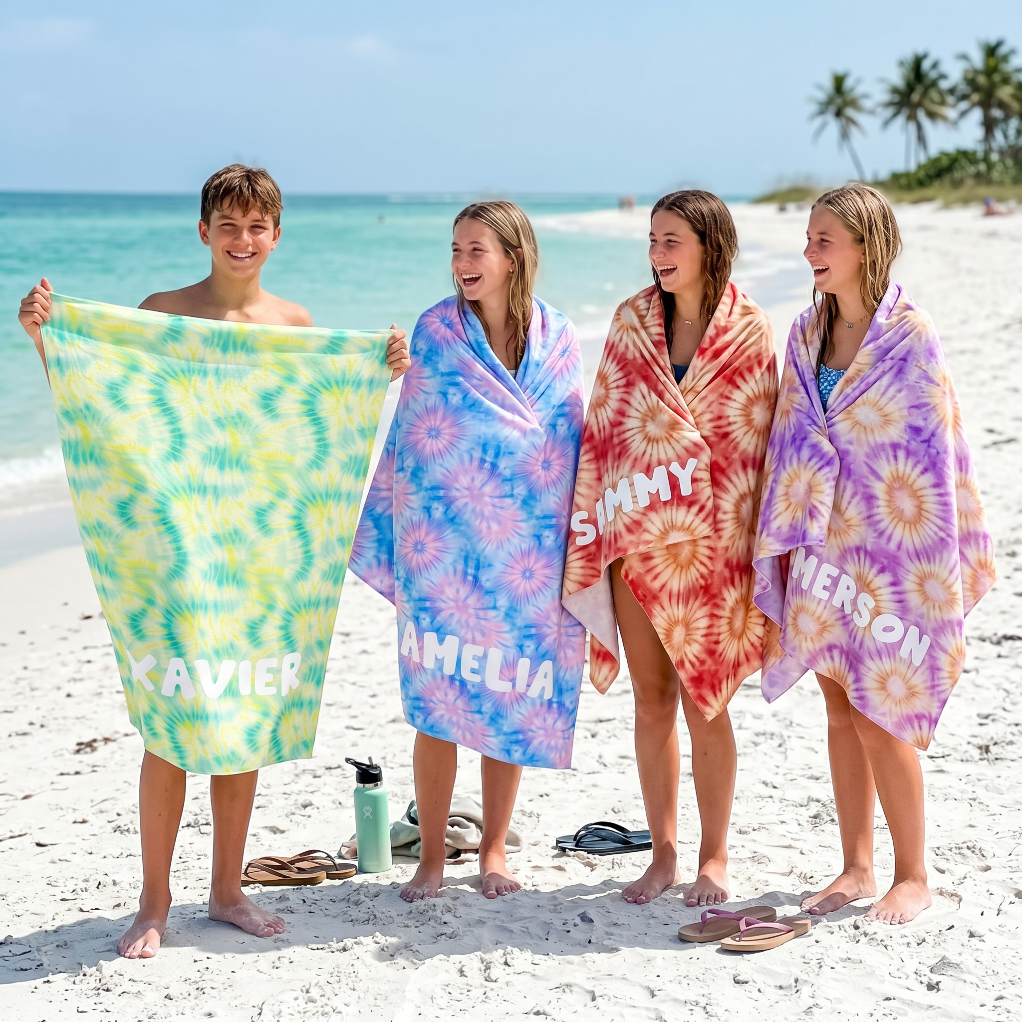 Sunburst Tie Dye personalised beach towel with custom names - The Custom Co
