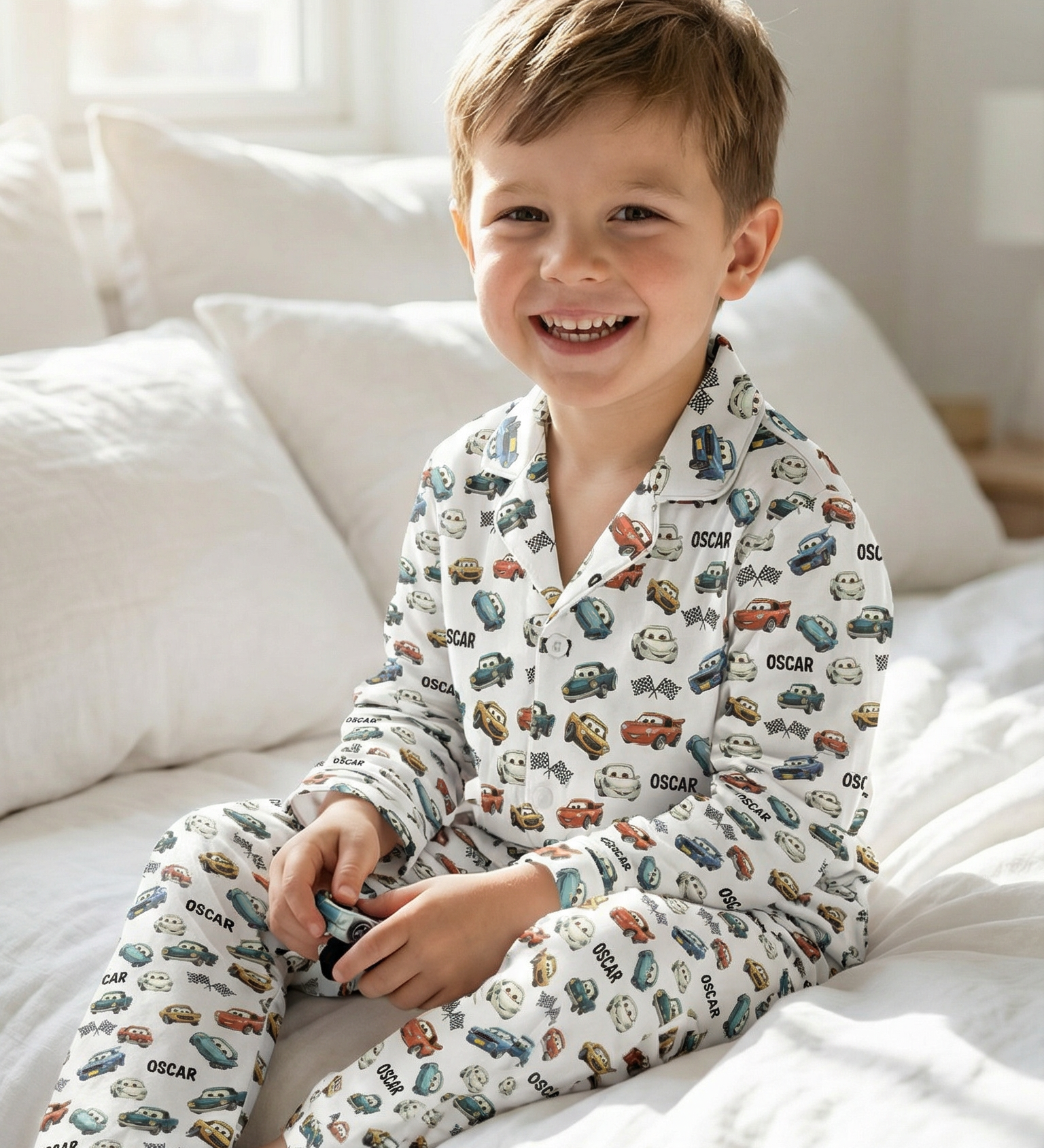 Personalised long sleeve kids pyjamas with all-over print and name customization
