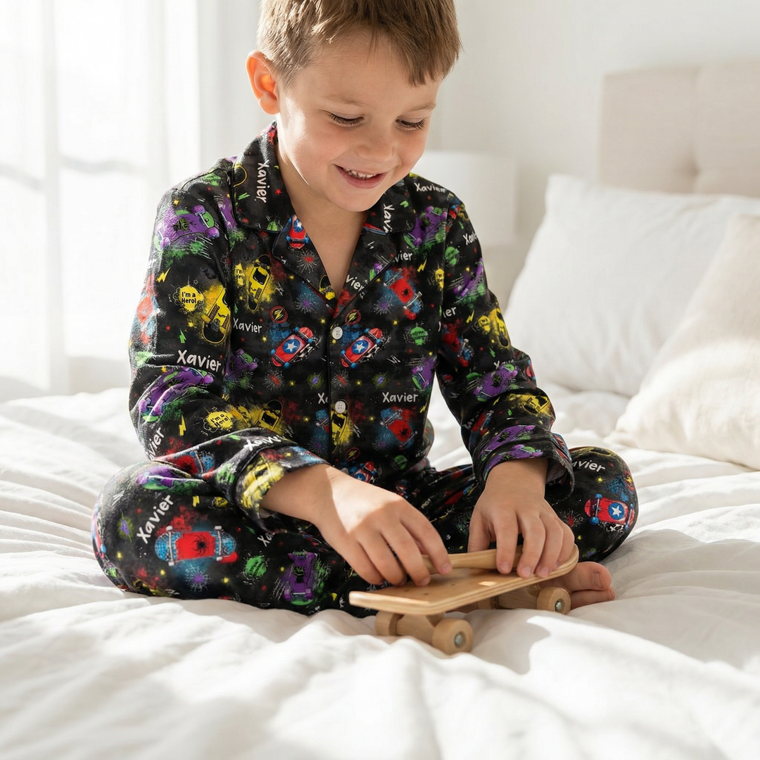 Long sleeve personalised kids pyjamas with all-over print and child&
