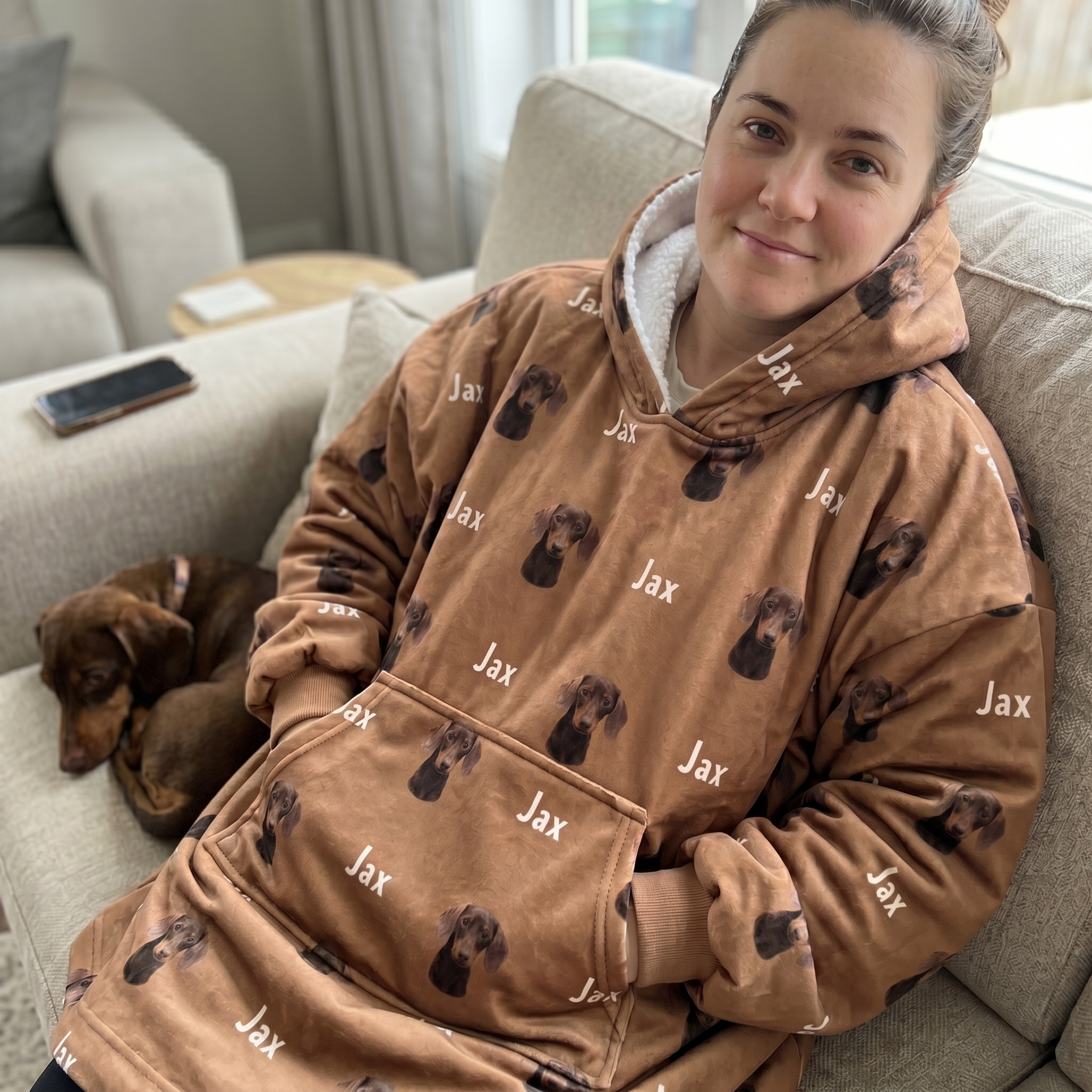 Pet Photo hoodie blanket in soft sherpa fleece, made for cosy nights on the couch - The Custom Co