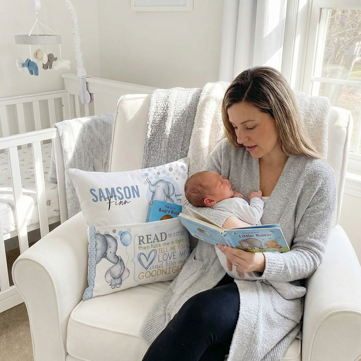 Personalised blue baby elephant pocket book cushion with name and built-in pocket for children&