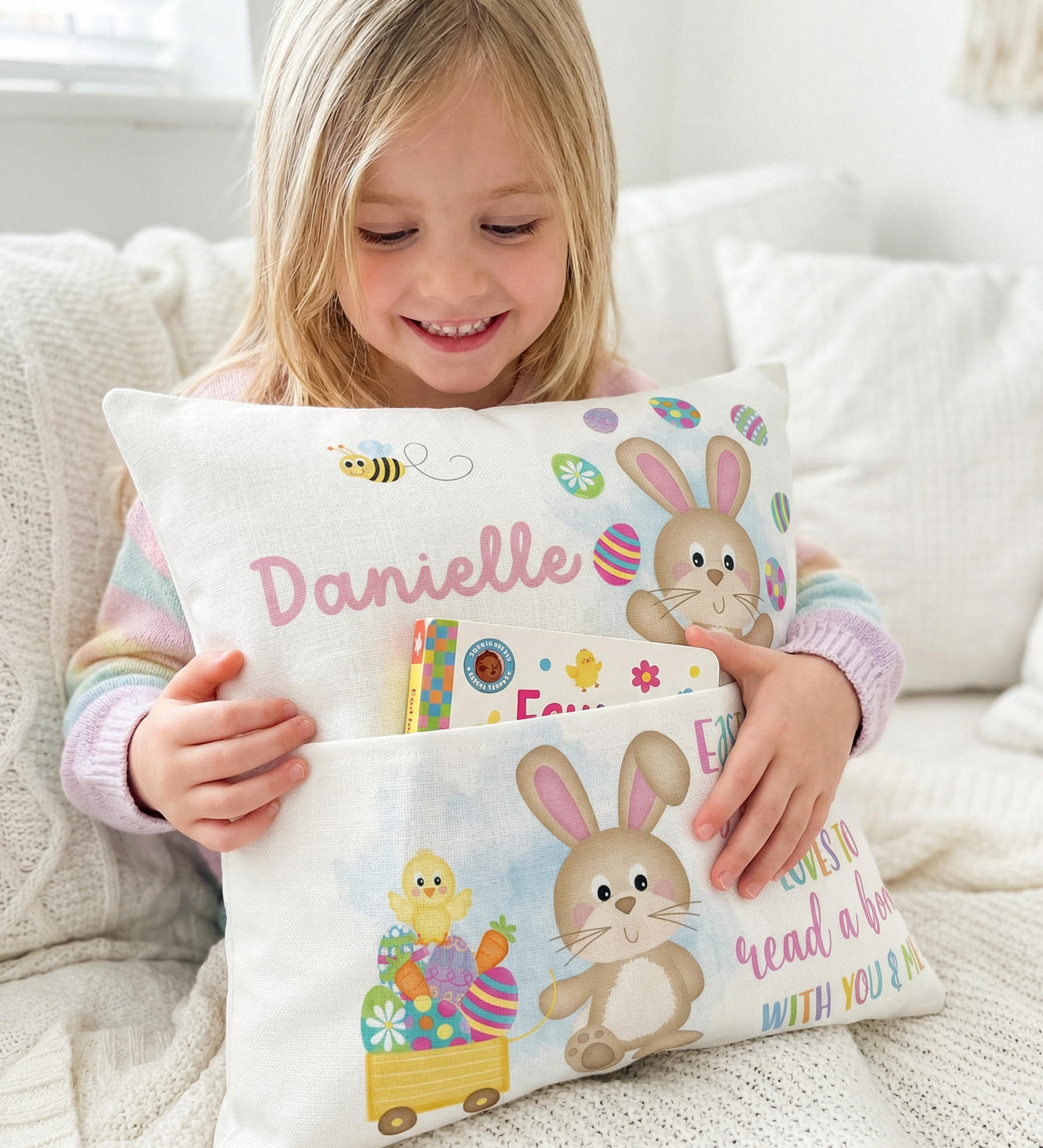 Personalised pink Easter pocket book cushion with bunny design and name slot for kids' bedroom decor