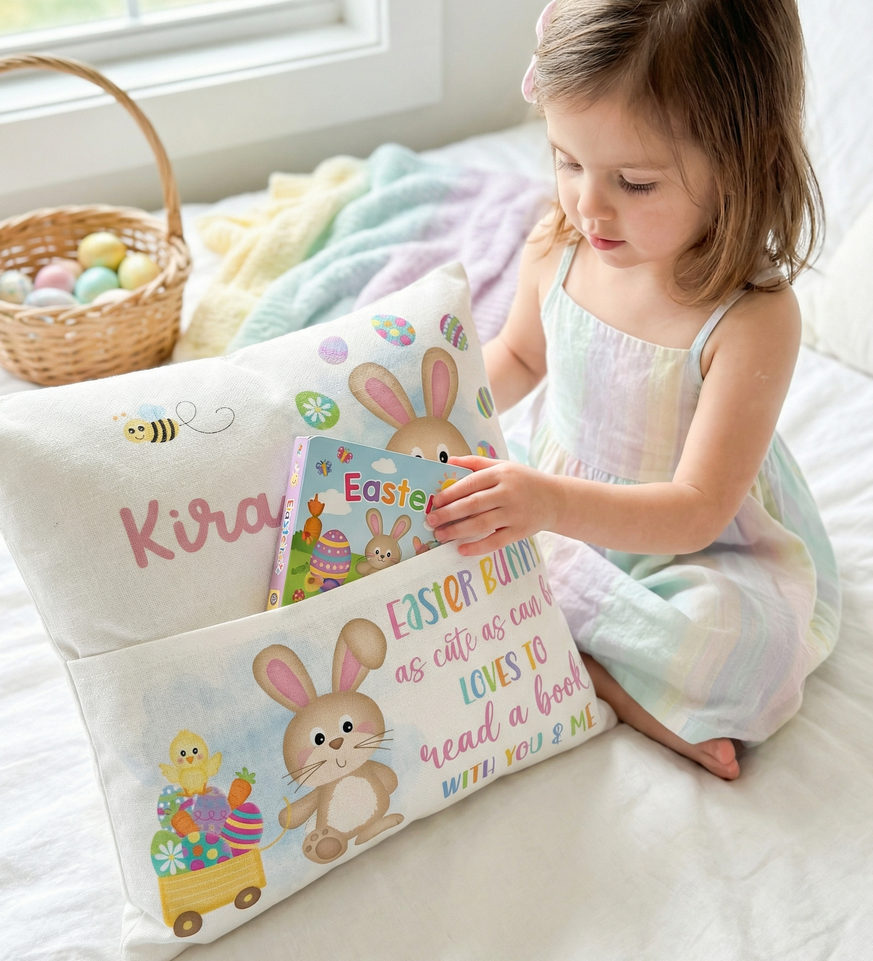 Personalised pink Easter pocket book cushion with bunny design and name pocket for kids' books
