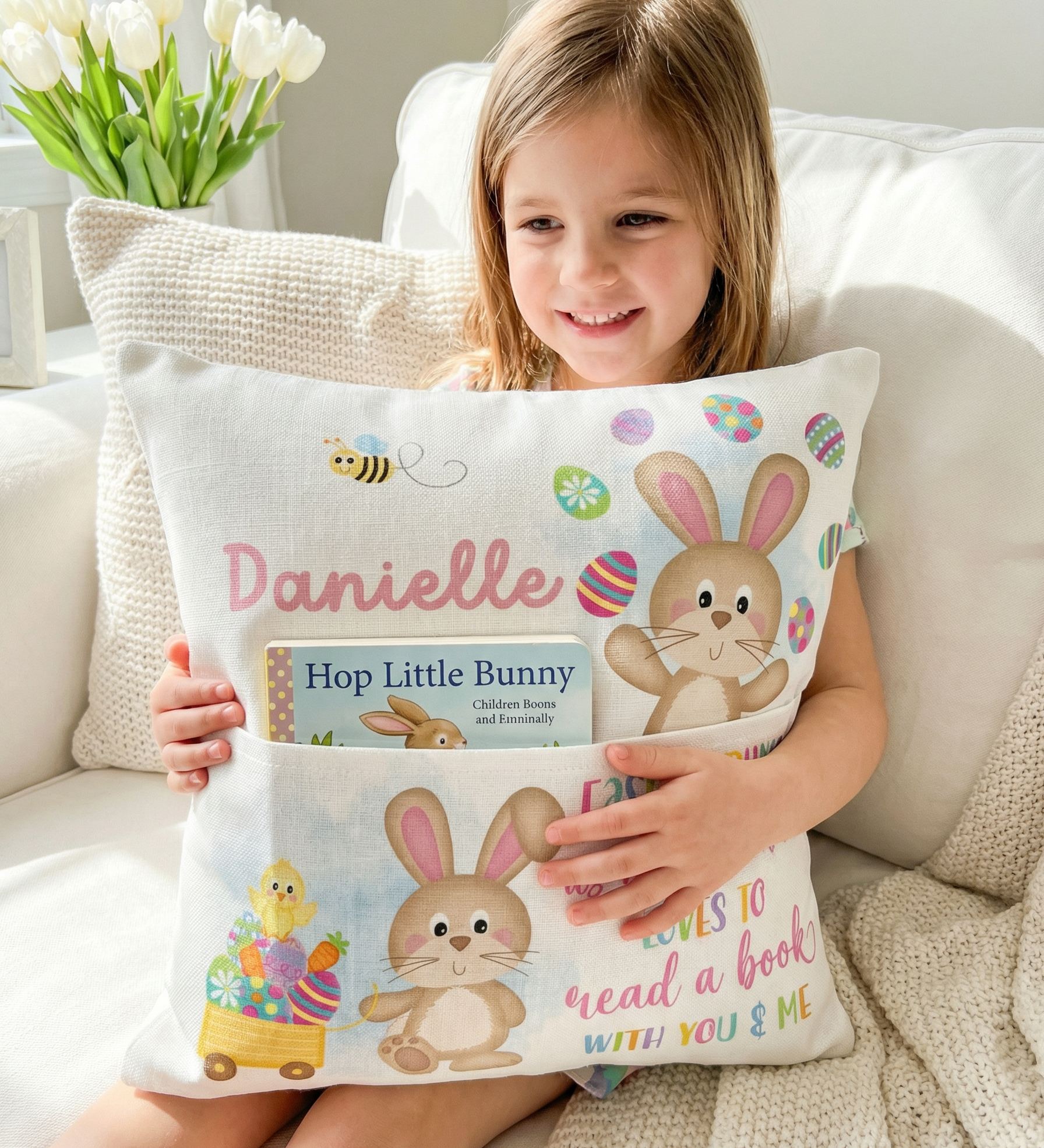 Personalised pink Easter pocket book cushion with bunny design and built-in book pocket