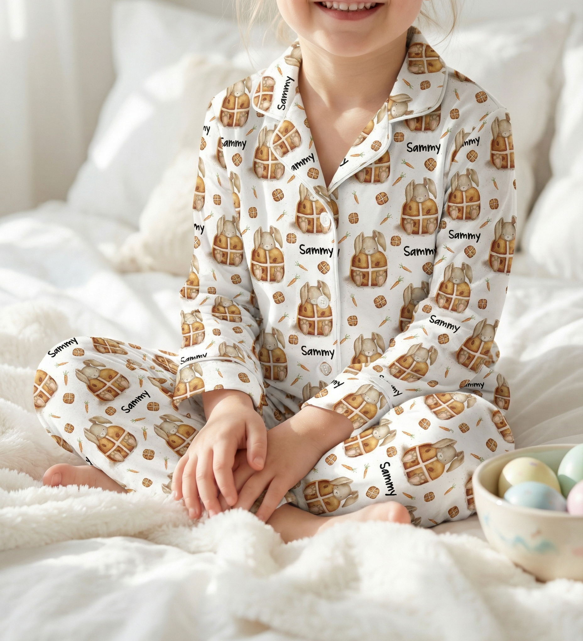 Personalised long sleeve kids Easter pyjamas with all-over Easter print and child’s name