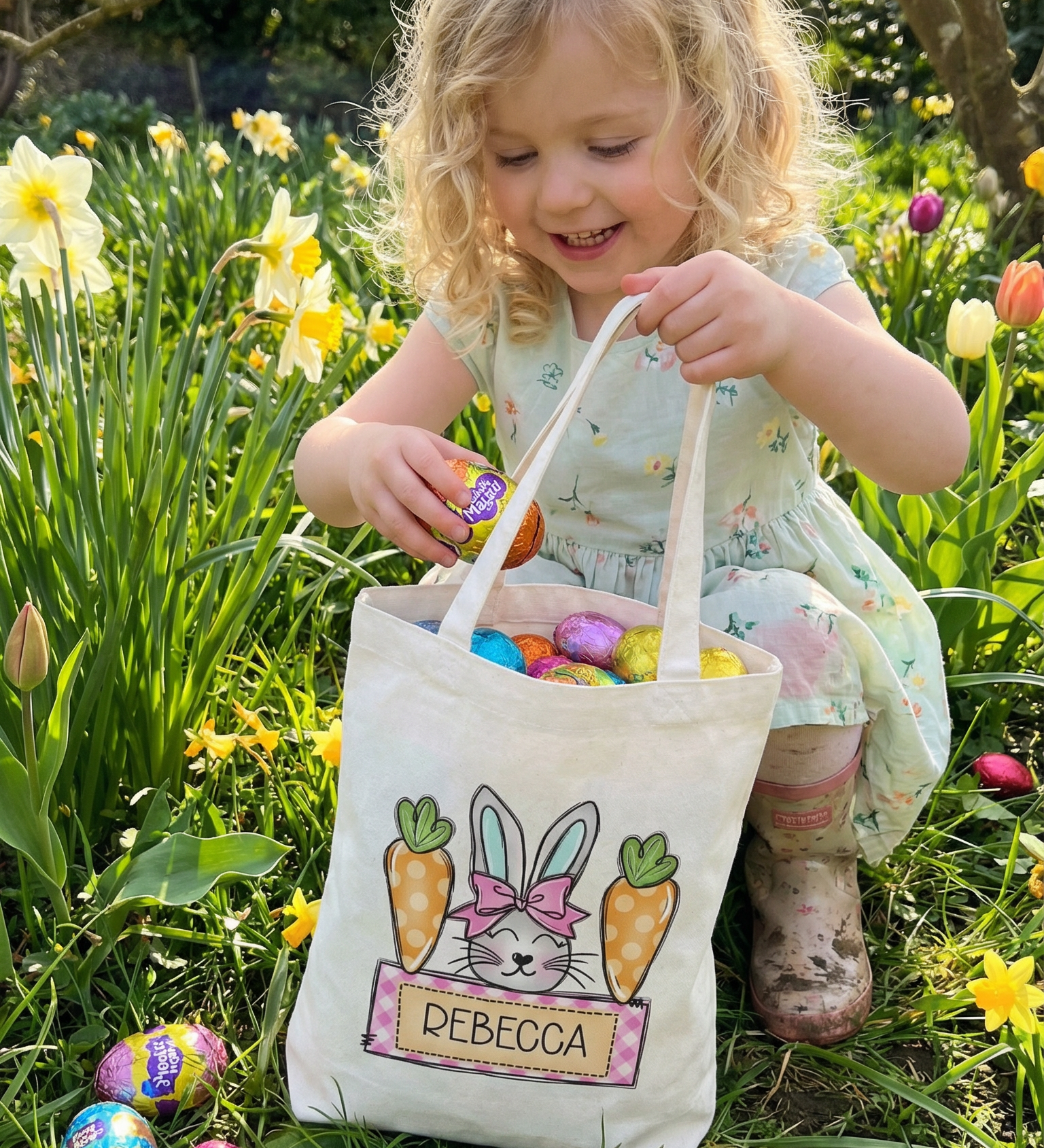 Personalised Easter tote bag with child's name and festive design for egg hunts
