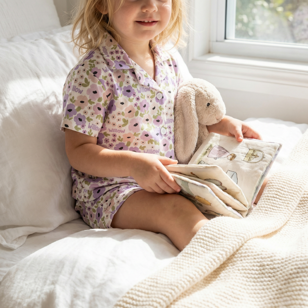 Personalised kids pyjamas short sleeve set with name and all-over print design