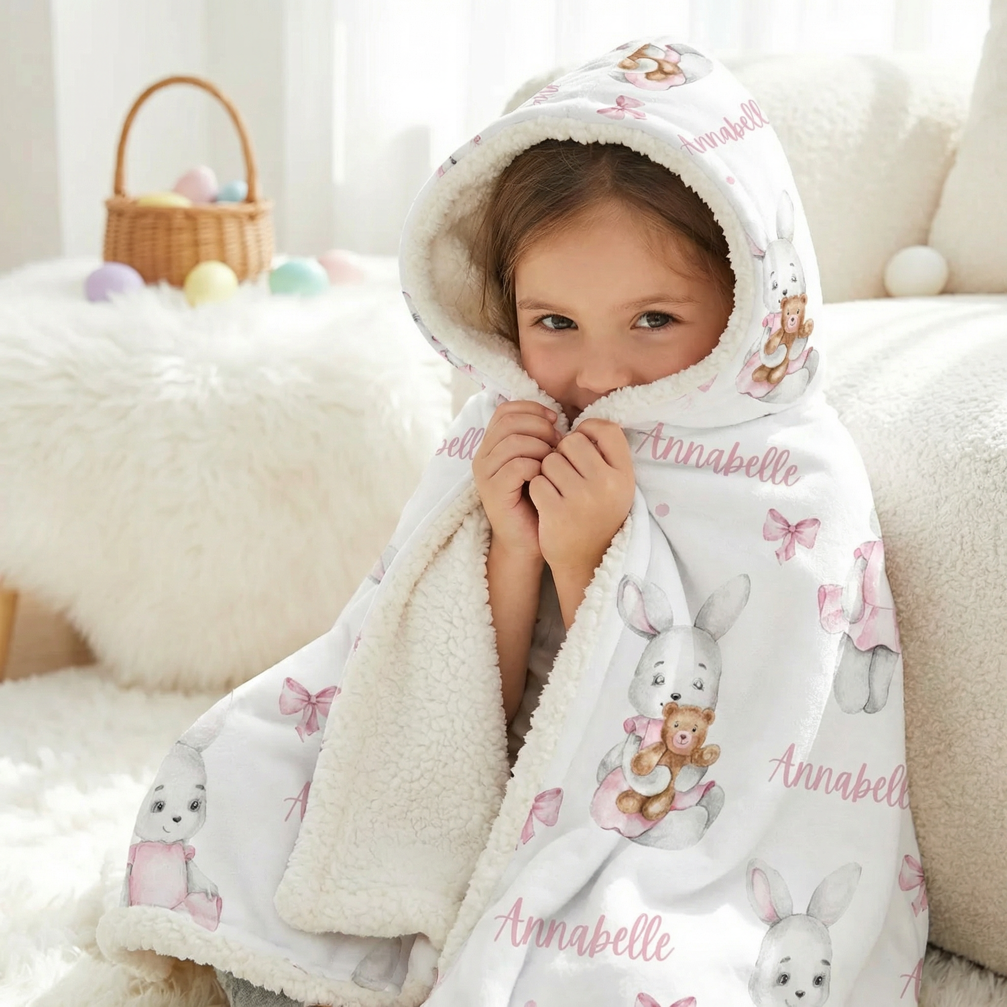 Personalised Easter hooded blanket for kids with soft poly fabric and sherpa lining