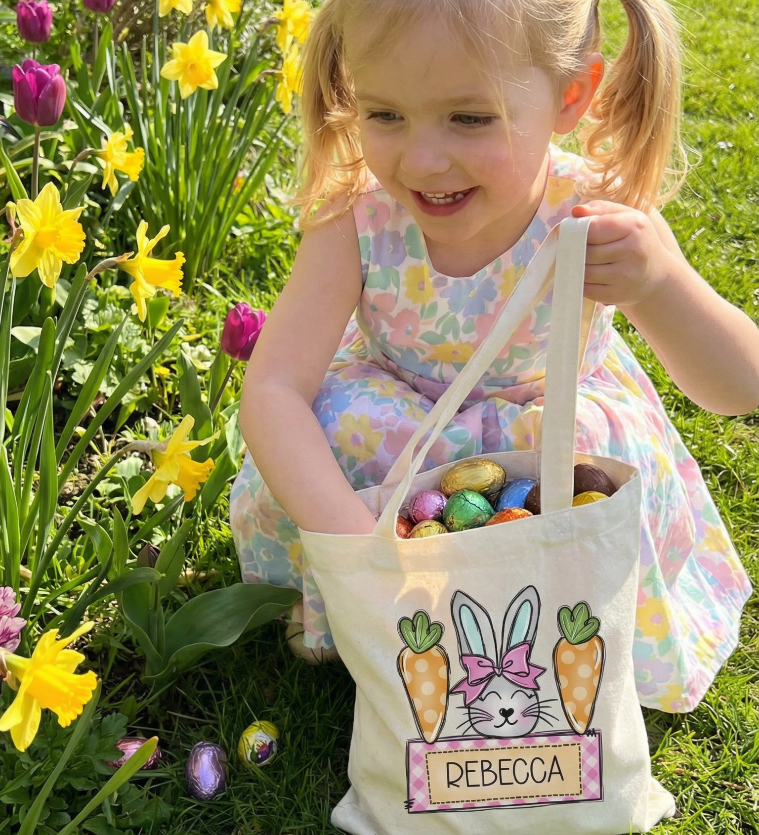 Personalised Easter tote bag with child's name, festive design, and sturdy canvas for egg hunts