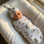 Personalised baby swaddle and beanie set in soft stretch poly fabric for comfort and style