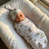 Personalised baby swaddle and beanie set in soft stretch poly fabric for comfort and style