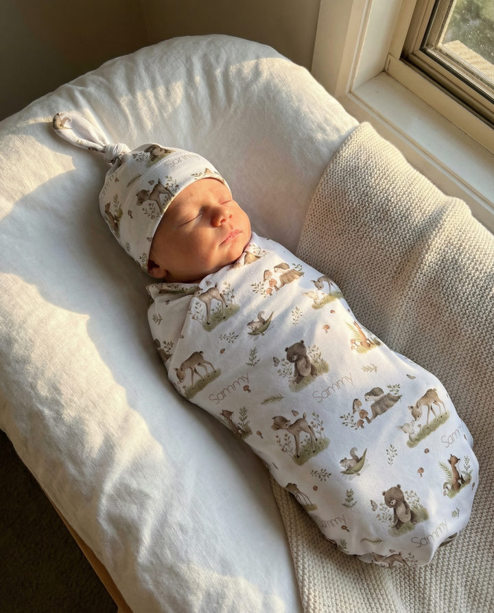 Personalised baby swaddle and beanie set in soft stretch poly fabric for comfort and style