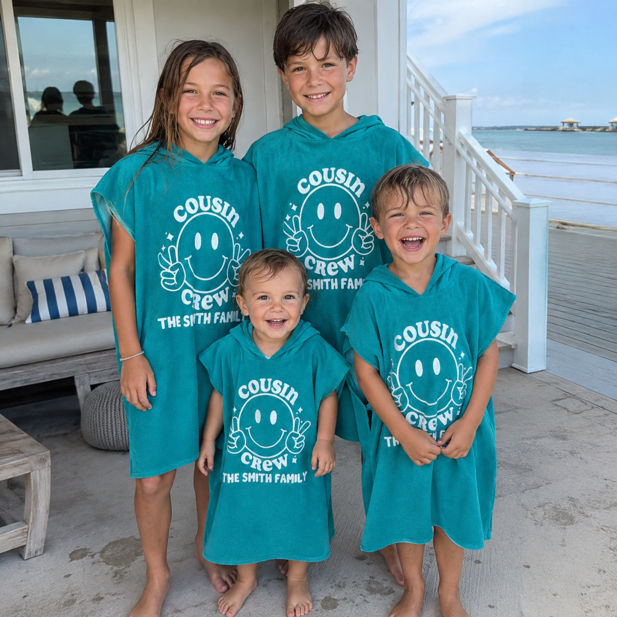 Peace Out Cousin Crew hooded towel in soft absorbent towelling, made for beach and pool days - The Custom Co