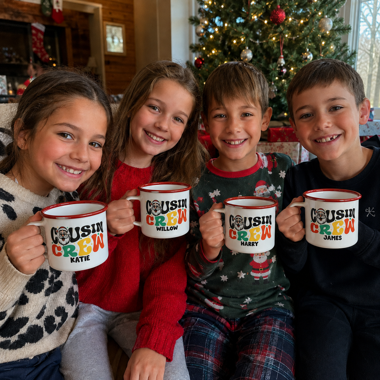 Four cousins in Christmas jumpers holding their own personalised Santa Cousin Crew enamel mugs - The Custom Co