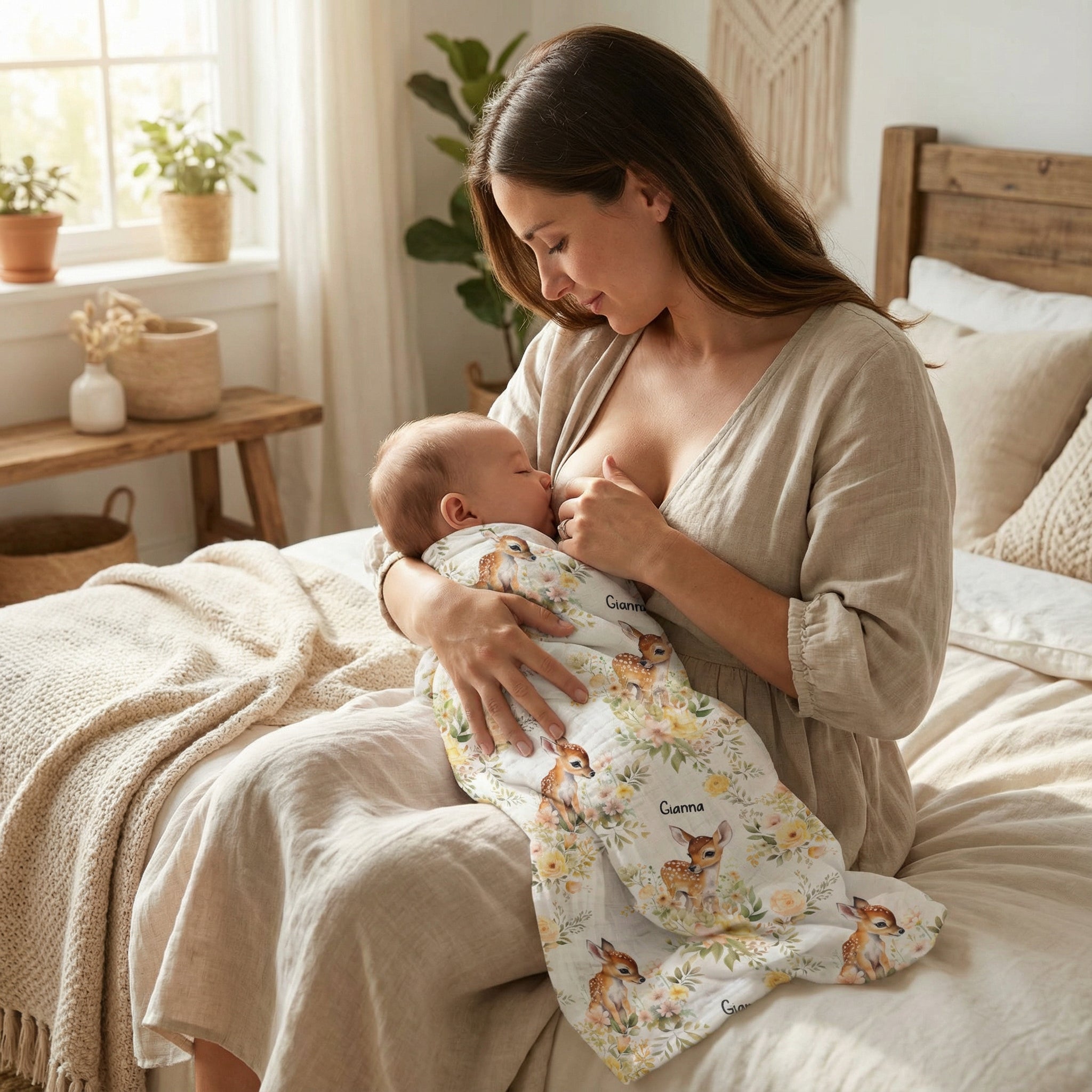 Personalised muslin swaddle wrap with baby name, soft breathable fabric, 120x120cm size for newborns