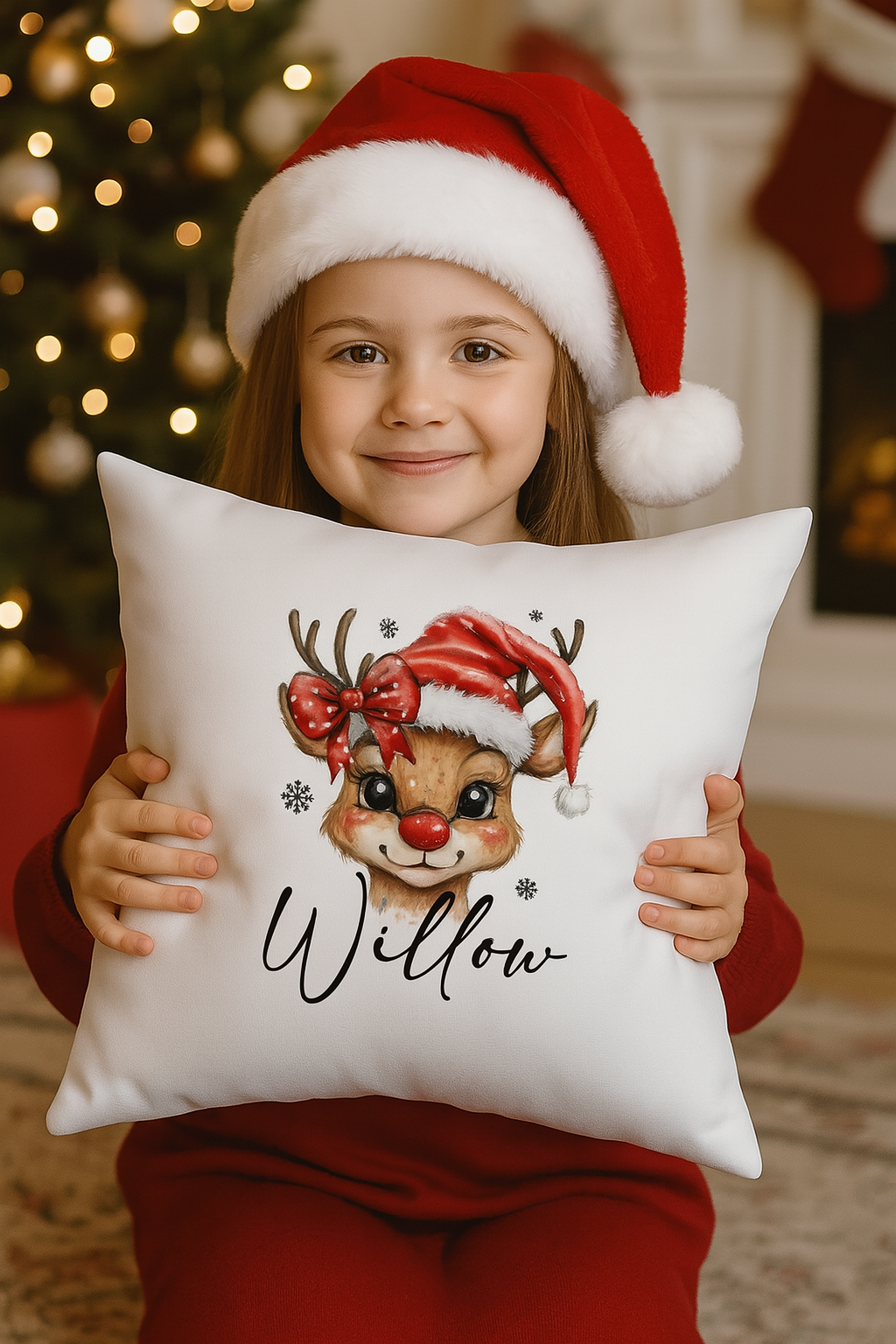 kids Christmas cushion Santa Reindeer design with girl’s name