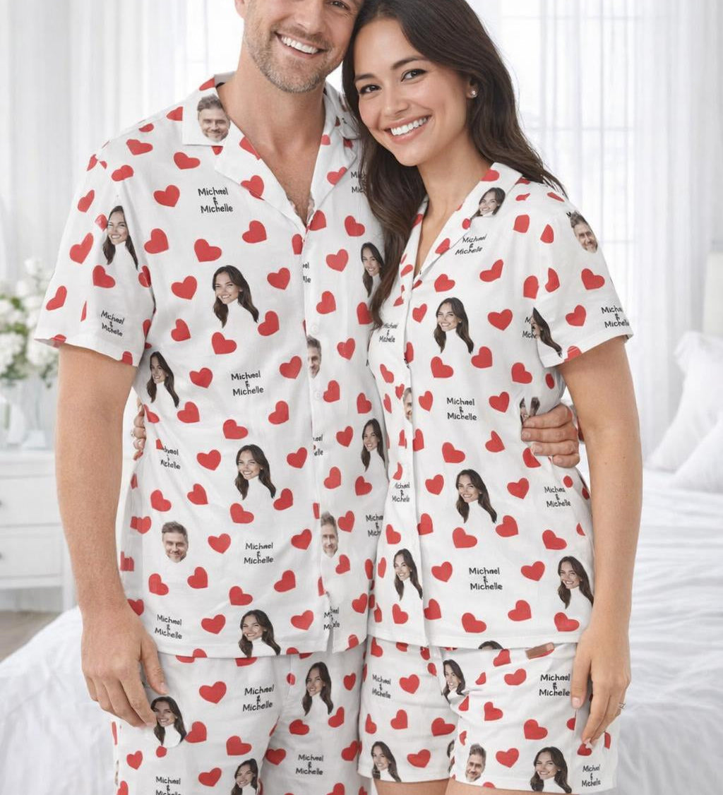 Personalised face and name print detail on Valentine’s pyjamas