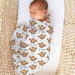 Personalised muslin swaddle wrap with baby’s name, soft breathable fabric, 120x120cm size for newborn comfort and versatility