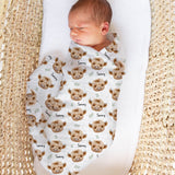 Personalised muslin swaddle wrap with baby’s name, soft breathable fabric, 120x120cm size for newborn comfort and versatility