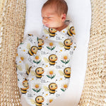 Personalised custom muslin swaddle wrap with baby name, soft breathable fabric, 120x120cm for newborns and babies.
