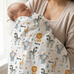 Personalised muslin swaddle wrap with baby name, soft breathable fabric, 120x120cm size for newborns and babies.