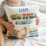 Personalised truck pocket book cushion with truck and excavator design and name pocket for kids