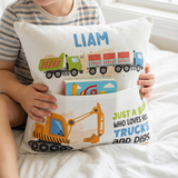 Personalised truck pocket book cushion with truck and excavator design and name pocket for kids